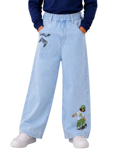 Image of KiddoPanti Boys Baggy Jeans | Stretch Denim Wide Leg Jeans | Elastic Waist Casual Denim Pants | Cotton Blend Loose Fit with 4 Pockets | Kids Street wear | 2-14 Years