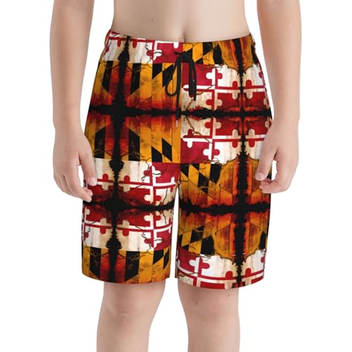 Vintage Wooden Maryland Flag Youth Beach Pants, Soft and Breathable, with Drawstring Waist, Suitable for Sports and Leisure.3