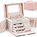 Produktbild Vlando Faux Leather Jewellery Box, Hochleistungs-Schmuck-Organizer Aufbewahrungsbox mit 3 Schubladen für Armbänder, Ohrringe, Ringe, Halsketten, Geburtstagsgeschenk zur Hochzeit (Pink)
