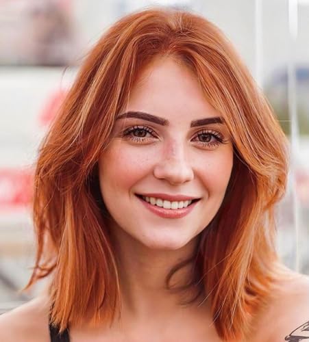 EMMOR Auburn Wigs with Curtian Bangs Straight Synthetic Women's Wig Shoulder Length Heat-Resistant Wig for Daily Use Natural and comfortable