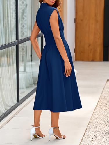 Image of Wenrine Womens Smocked Midi Dress Zipper V Neck Long Summer Dresses | zip front, empire waist, cap sleeve, flowy, a line, high slit, casual midi dress
