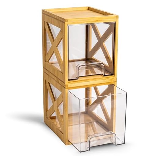 Bamboo Snack & Pantry kitchen Organizer – 2 Pack Bamboo Stackable Storage Drawers – Pull Out Storage for Cookies, Spices, Coffee Pods & K Cups – Clear Acrylic Drawer for Countertop Use
