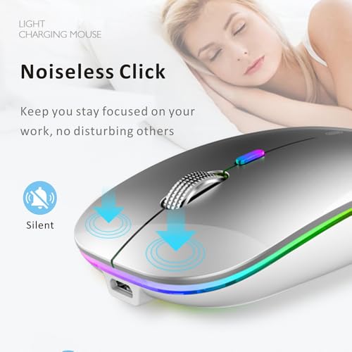 Image of Uiosmuph LED Wireless Mouse, G12 Slim Rechargeable Silent Mouse, 2.4G Portable Optical Computer Mice with USB Receiver and Type C Adapter (Silver)