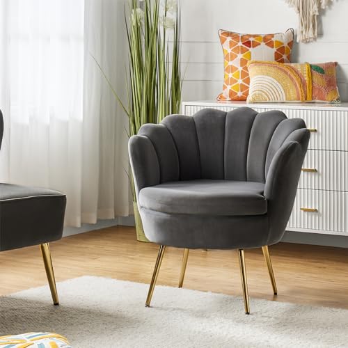 Image of HULALA HOME Modern Velvet Accent Chair with Shell Shaped Back, Cute Living Room Bedroom Armchair Sofa Chair with Gold Legs, Comfy Upholstered Vanity Chair for Makeup Room, Grey