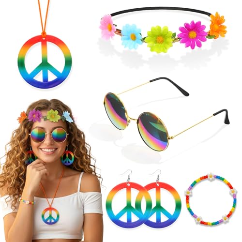 Wanmu 5Pcs Hippie Accessories for Women 60s 70s Hippie Costume Accessory Daisy Flower Headbands Round Hippie Sunglasses Peace Sign Necklaces Earrings & Bracelet for Groovy Carnival Party