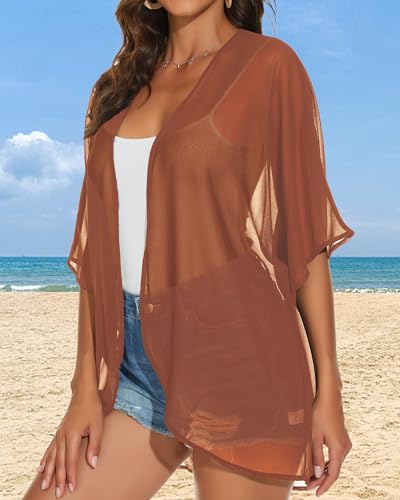 Womens Kimono Cardigans Beach Cover ups Swimwear Puff Sleeve Loose Casual Summer Tops (Caramel,L)