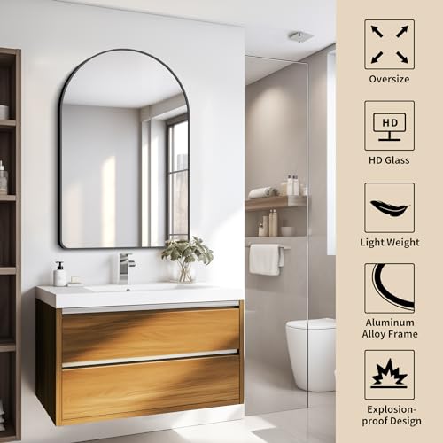Image of FORBATH Arched Bathroom Mirror 26x38 Inch, Bathroom Mirror Wall Mounted Modern Black Aluminum Alloy Frame Decor Dresser Mirror for Bedroom Living Room Entryway, Hanging or Leaning Against Wall