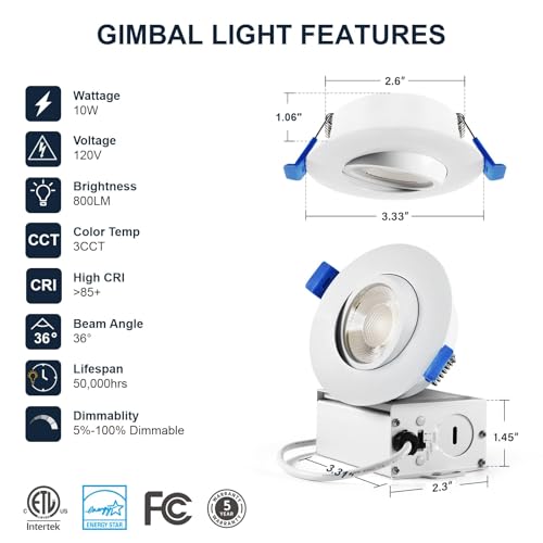 Image of Sublimation 8 Packs 3 Inch led recessed Light,Waterproof recessed Lights for Shower,Ultra-Thin 10w with Junction Box,3 Colors Adjustable,Suitable for Bathroom,Parlor,Bedroom,Kitchen,Balcony