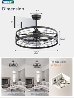 LEDIARY 22 inch Black Caged Ceiling Fan with Light, Bladeless Industrial Ceiling Fan with Remote, Farmhouse Fan Lights Ceiling Fixtures for Kitchen, Bedroom, Outdoor（6 Speed, Timing）-Black
