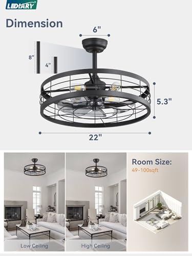 LEDIARY 22 inch Black Caged Ceiling Fan with Light, Bladeless Industrial Ceiling Fan with Remote, Farmhouse Fan Lights Ceiling Fixtures for Kitchen, Bedroom, Outdoor(6 Speed, Timing)-Black