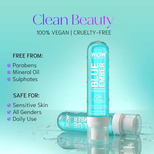 Image of WOW Skin Science Blue Ember Unisex Body & Hair Perfume Mist | Fresh Aquatic Amber Fragrance with Niacinamide | Lightweight, Skin-Close Scent for Men & Women | Grapefruit & Sea Notes over Cool Amber Woods | 100 ml