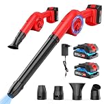 Soffiatore per foglie senza fili con batterie 21V 2*3000mAh e caricabatterie, soffiatore elettrico 320CFM 180MPH, 3 livelli di velocità e 3 tubi di soffiaggio, soffiatori da giardino leggeri con turbo