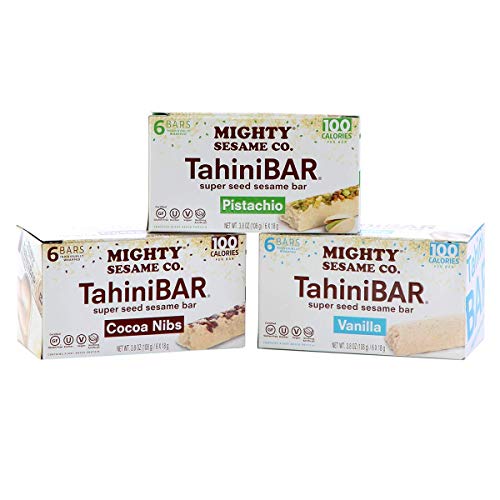 Mighty Sesame TahiniBars, Variety Pack (18 Bars) | 6 Pistachio - 6 Vanilla - 6 Cocoa Nibs | 100 Calorie Mini Halva Bars | Individually Wrapped