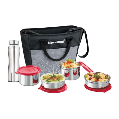 Image of SignoraWare Office Stainless Steel Lunch Box with Bottle | Airtight & Leakproof | Durable | Perfect for Office, School & Outdoor Use (500mlx2 + 380mlx2 + 750ml | Set of 5 | Red)