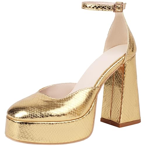 Women Platform Block High Heel Pumps Metallic Ankle Strap Closed Toe with Buckle Wedding Party Dress Shoes