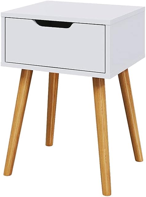 Panana Bedside Table, Wooden Storage Cabinet with Drawer Nightstands Lamp Table Side Table with Wood Legs Home Living Room Bedroom White