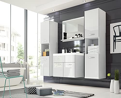 Ensemble de meubles de salle de bain Montréal XL, ensemble de meubles de salle de bain, lavabo inclus, armoire basse, armoire haute, meuble de lavabo, miroir (blanc...