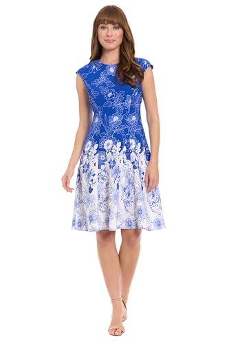 Image of London Times Women's Women's Fit and Flare Knee Length Cap Sleeve Round Neck - Border Print Special Occasion Cocktail Dress