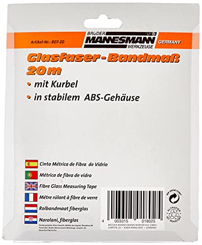 Brüder Mannesmann Bandmaß 20 m Fiberglas mit Kurbelaufwicklung, präzises Handwerkzeug mit Bandbreite 22,5 mm und Hebel-Arretierung, robust für Bau und Heimwerken, 1 Stück | M 807-20