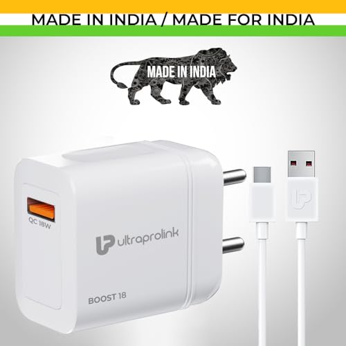 Image of UltraProlink | 18W QC 3.0 Fast Charge | Smart IC & Auto Detect Compatible with Vivo, iQoo, Redmi, Samsung & Xiaomi | 1m Type C Cable | White | UM1340