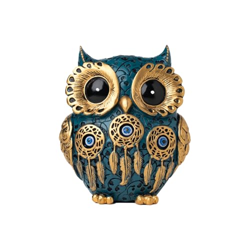 Decorative Owl Figurine Vintage Blue and Gold Owl Statue Home Decor - Evil Eye Accent for Bookshelf Bedroom Living Room Office & Table. Cute Small Animal Sculpture Gift for Birds Lovers.(Blue)