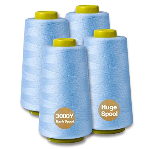 Baby Blue Serger Thread All-Purpose Thread for Sewing, Polyester, 4 Cones of 3000 Yards Each Spool for Sewing Machine