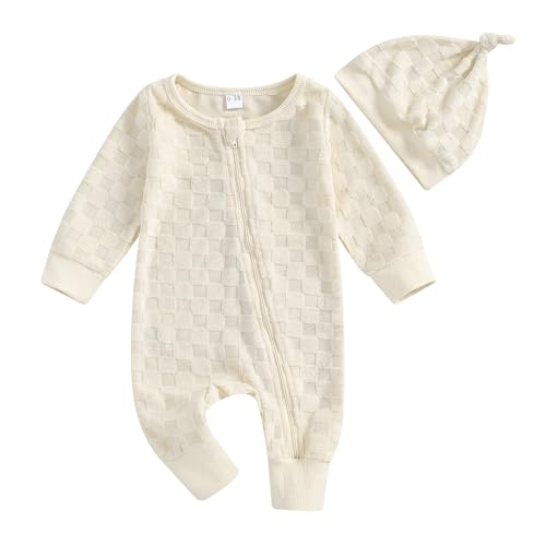 Image of Kavousa Newborn Coming Home Outfit Boy Girl Baby Romper Jumpsuit with Hat 2 Piece Neutral Baby Clothes