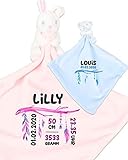  Schmusetuch blau Bärchen Schnuffeltuch rosa Hase mit Rassel, Name und Geburtsdaten