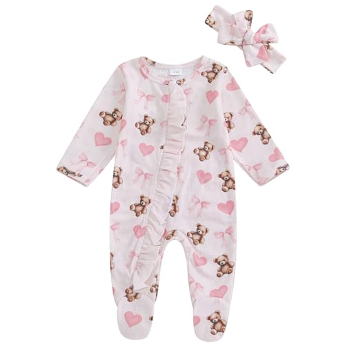 Image of Kavousa Baby Girl Footies Rompers One-Piece Long Sleeve Bodysuits with Headband Newborn Hospital Coming Home Outfit