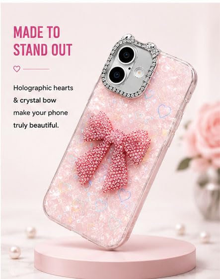 Image of mobistyle Compatible with iPhone 16 | Rhinestone Bow Elegant Heart Shell Pattern and Camera Lens Protection Back Cover Case for Women Girls iPhone 16 (Pink)