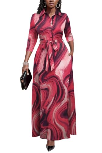 Image of Runwind Women Church Maxi Dresses 3 /4 Sleeve Button Down Print Casual Office Dress African