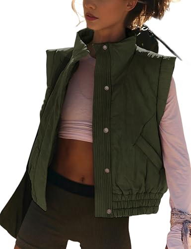 Cropped Puffer Vest for Women Winter Button Down Sleeveless Light Jacket Stand Collar Gilet with Pockets