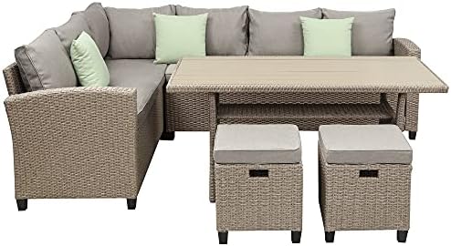 QUUL 5 Pcs Outdoor Conversation Set Patio Furniture Set All Weather Wicker Sectional Couch Sofa Dining Table Chair w/Ottoman&Pillow (Color : E)