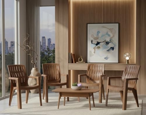 Image of Plastic Chair Set of 4 for Home & Outdoor Use | Heavy Duty Comfortable Chair with Strong Legs | Easy to Clean | Suitable for Living Room, Balcony (Pack of 4-Spino | Sandalwood)