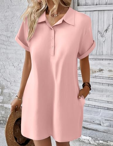 Image of Zeagoo Womens Cotton Shirt Dress Summer Casual Short Sleeve Button Down Beach Cover Up Shirts with Pockets