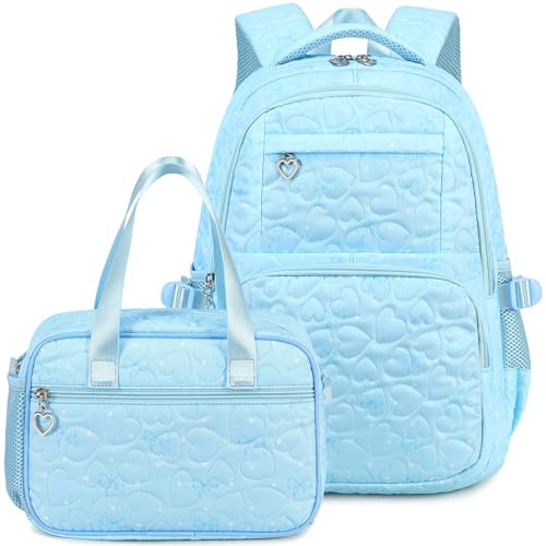 Joyfulife Bow Prints Backpack for Girls Backpack with Lunch Box Kids Bookbags Preschool Kindergarten Primary Elementary School Bags Teens Travel Back Pack (Blue)