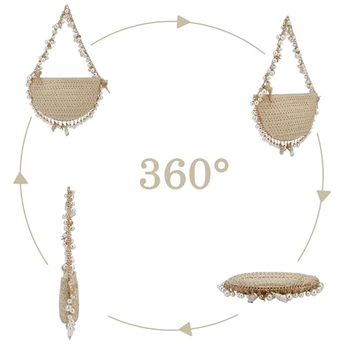 Crossbody Bags for Women Beach Straw Purse Lightweight Fashion Pearl Shoulder Bag Retro Straw Summer Basket Purse3