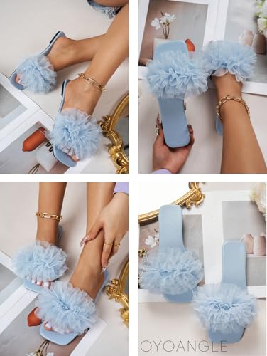 OYOANGLE Women's Square Open Toe Slide Sandals Sheer Ruffle Dressy Slip on Flat Sandal3