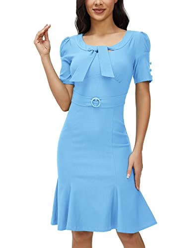Image of MUXXN Women's Vintage 1950s Midi Crew Neck Short Sleeve Party Cocktail Work Casual Bodycon Dress