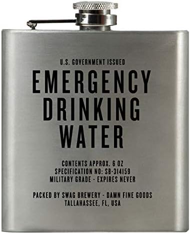 Emergency Drinking Water | Damn Fine Hip Flask | 6oz Stainless Steel | Funny Snarky Gift For Whiskey, Vodka, Booze and Lovers + Military