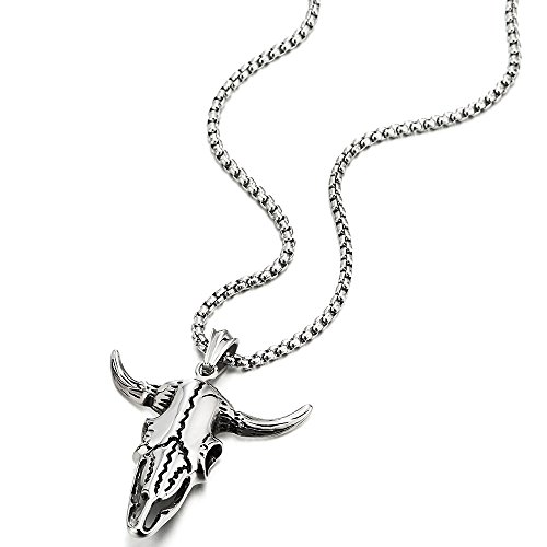 COOLSTEELANDBEYOND Stainless Steel Vintage Goat Bull Skull Pendant Necklace for Man, 30 inches Chain, Gothic Tribal3