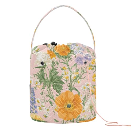 Yarn Storage Bag Small Crochet Bag Knitting Bag Organizer Orange Floral Flower Yarn Bags for Crocheting Basket