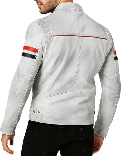 Image of Mens White Cafe Racer Style Cowhide Leather Vintage Biker Jacket | Retro Fashion Red Black Stripes with Snap Tab Collar Motorcycle Coat