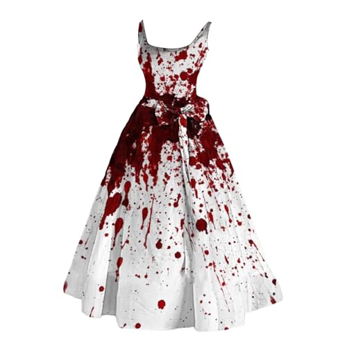 Halloween Kostüm Damen Gruselig, Halloween Kleid Damen mit Blut Aufdruck Horror Braut Kostüme Blutiges Zombie Costume Weißes Ärmellos Brautkleid...