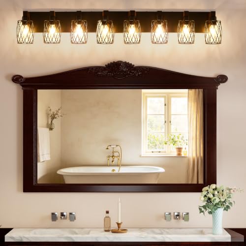 Image of RVONOW 8-Light Farmhouse Bathroom Light Fixtures with Metal Shade | Rustic Bathroom Vanity Light with E26 Base for Bedroom Living Room Hallway, Black