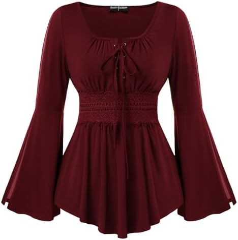 SCARLET DARKNESS Damen Mittelalter Bluse Glockenärmel Tunika Trachtenbluse | U-Ausschnitt, Gesmockt mit Spitze, Lange Ärmel, Damen Dirndlbluse A-saum, Renaissance Piraten Trachtenb