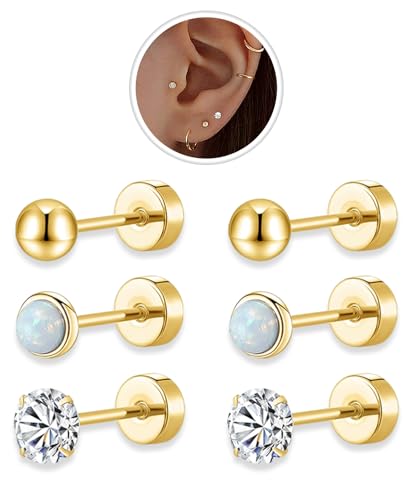 Flat Back Stud Earrings Sets for Women Men,Hypoallergenic 20G Lightweight 14K Gold Plated 316L Stainless Steel Tiny 4mm Ball/Opal/Cubic Zirconia Cartilage Stud Earrings for Sensitive Ears(3 Pairs,Gold)