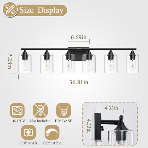 Image of 6-Light Matte Black Bathroom Light Fixtures, Over Mirror with Clear Glass Shade, Wall Light Sconce for Vanity Table, Hallway