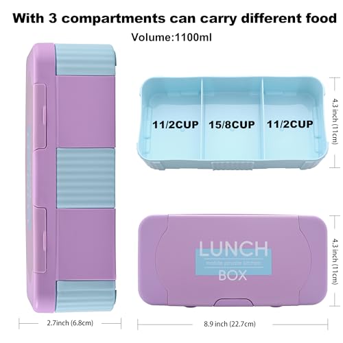 haoligei Bento lunch box for men and women,student school lunch box,Teen or adult lunch box container with 3 compartments,Cutlery, microwave and dishwasher safe, purple — view 2
