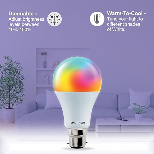 Image of Wi-Fi RGB+CCT Smart LED Bulb Powered by Jio IoT | 9 Watt | Music Sync | Last State Memory | 16 Million Colors | Warm and Cool White | Compatible with Alexa and Google Assistant (Base B22)